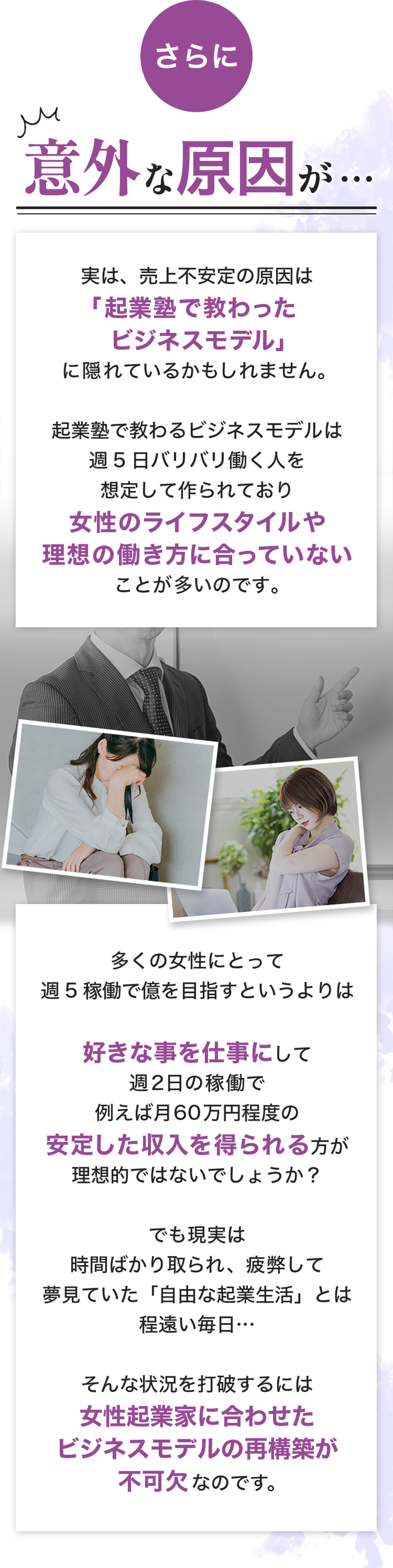 「意外な原因が…」という見出しで、売上が安定しない理由を解説するビジネス系の説明画像
「起業塾で教わったビジネスモデルが女性の理想の働き方に合っていない」と指摘
週2日の稼働で安定収入を得る働き方を提案し、女性向けのビジネスモデル再構築の重要性を訴える内容