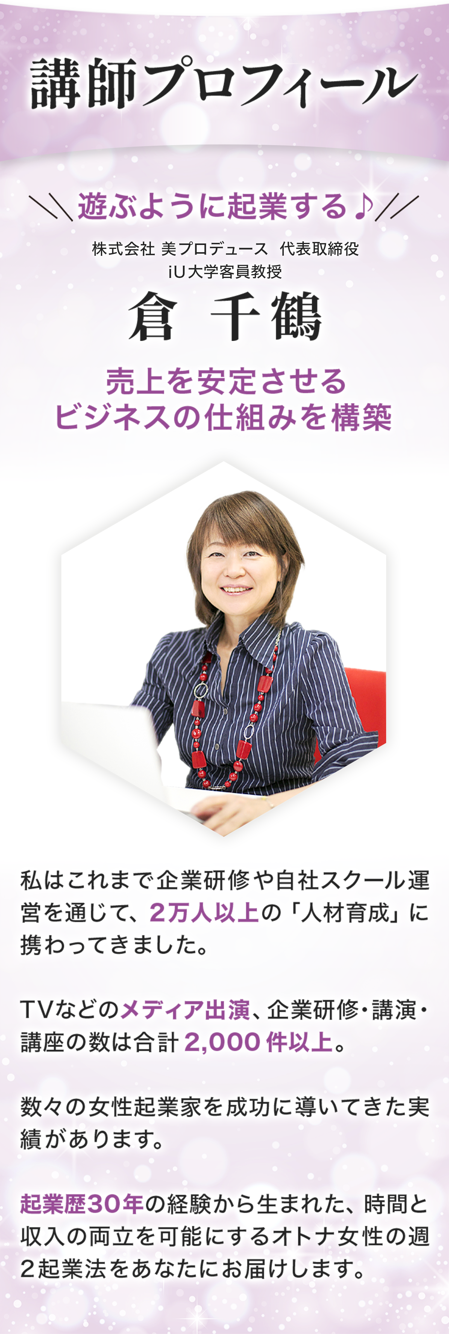 倉千鶴講師のプロフィール、起業支援を行う講師の経歴や実績を紹介する画像
企業研修やスクール運営を通じて2万人以上の人材育成に携わり、メディア出演や講座実績は2,000件以上と強調
30年の起業経験を活かし、女性が時間と収入を両立できる「週2起業法」を提案する内容